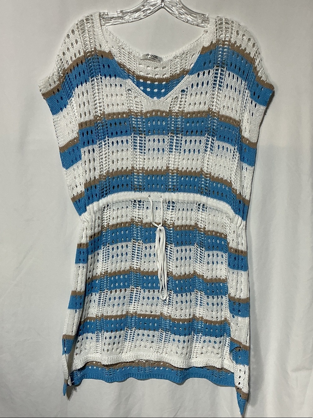 Striped Open-Knit Swim Cover-Up Tunic in White, Blue & Brown Sz XL